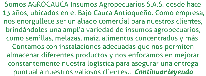 Somos AGROCAUCA Insumos Agropecuarios S.A.S. desde hace 13 años, ubicados en el Bajo Cauca Antioqueño. Como empresa, nos enorgullece ser un aliado comercial para nuestros clientes, brindándoles una amplia variedad de insumos agropecuarios, como semillas, melazas, maíz, alimentos concentrados y más. Contamos con instalaciones adecuadas que nos permiten almacenar diferentes productos y nos enfocamos en mejorar constantemente nuestra logística para asegurar una entrega puntual a nuestros valiosos clientes... Continuar leyendo